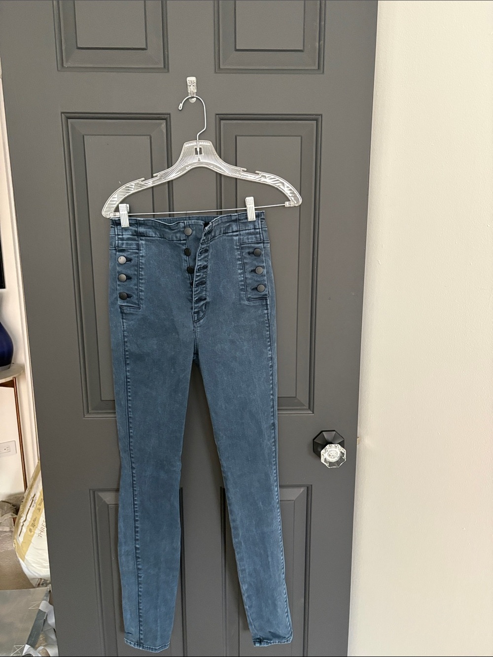 J Brand High-Rise Denim Jeans in Blue Wash with Side Buttons
